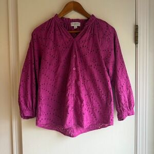 EVEREVE Magenta Eyelet Embroidered Cotton Ruffle Neck Button Front Blouse Top S